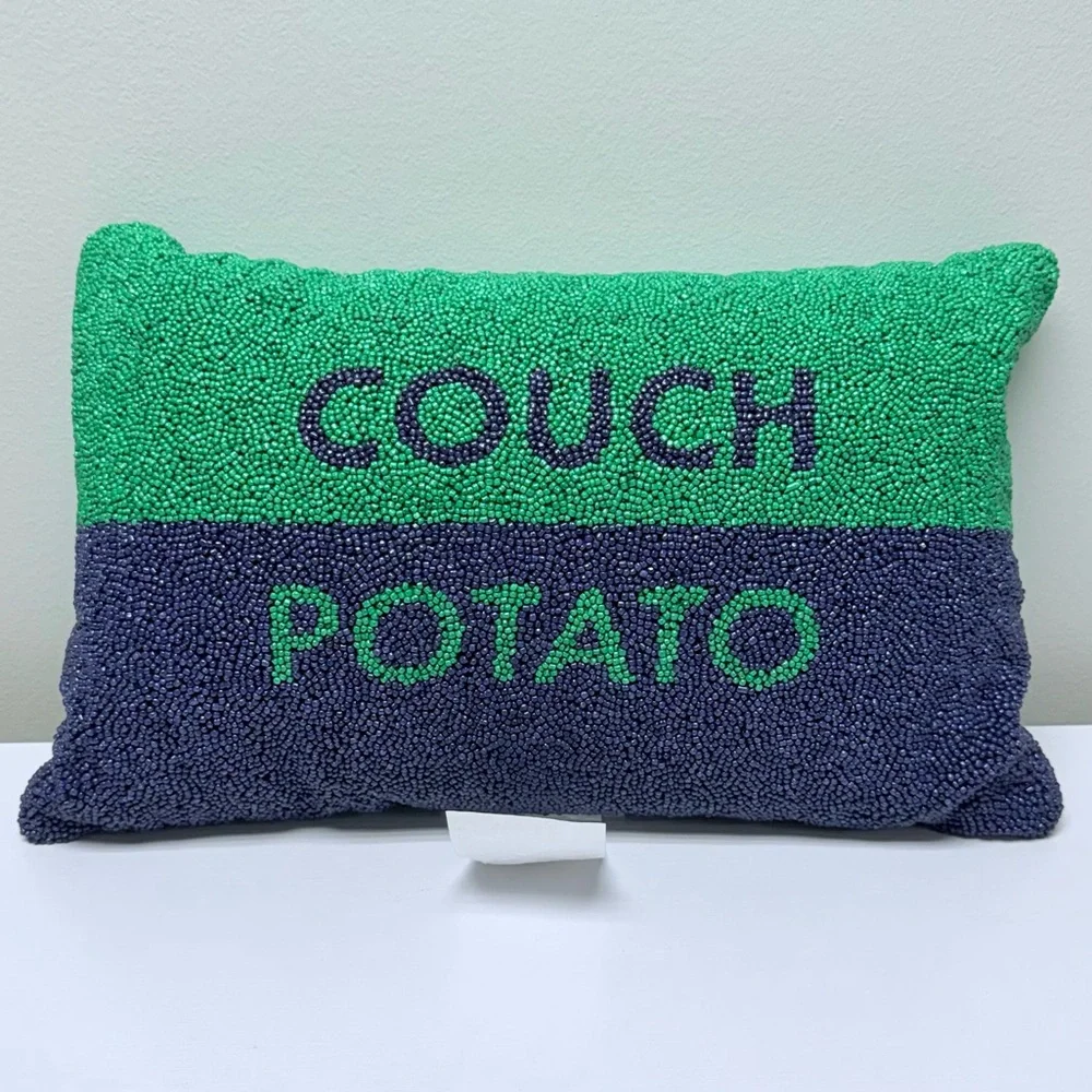 Kate Spade COUCH POTATO Navy Blue & Green Beaded Accent Lumbar Throw Pillow